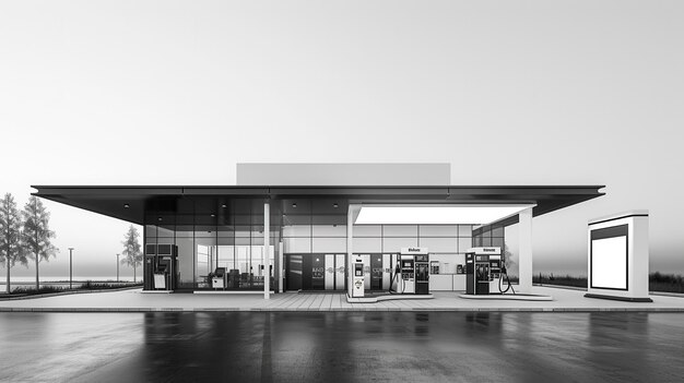 Photo a modern gas station design in black and white showcases fuel dispensers and a sleek architectural structure on a clean white backdrop generative ai