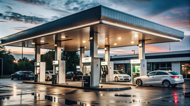 Modern Gas Station Under Evening Sky With Cars Filling Up Generative AI