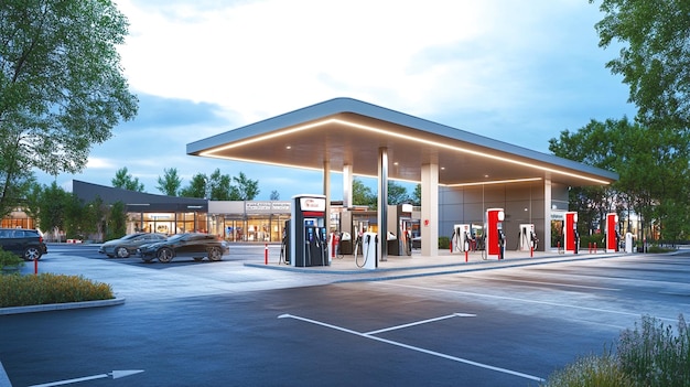 Modern gas station with fuel pumps and electric charging stations