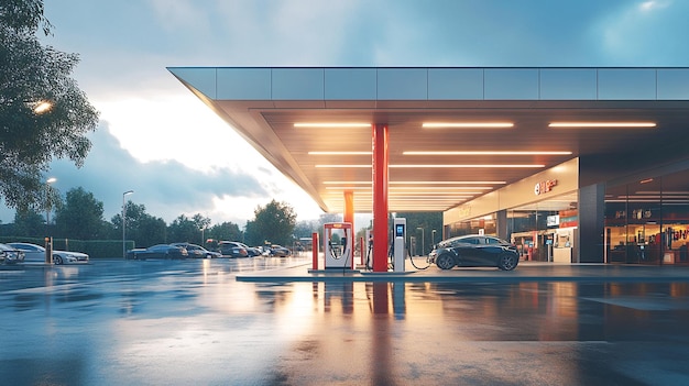 Photo modern gas station with fuel pumps and electric charging stations