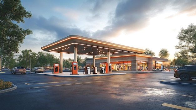 Modern gas station with fuel pumps and electric charging stations