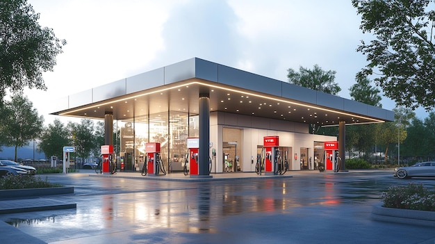 Modern gas station with fuel pumps and electric charging stations