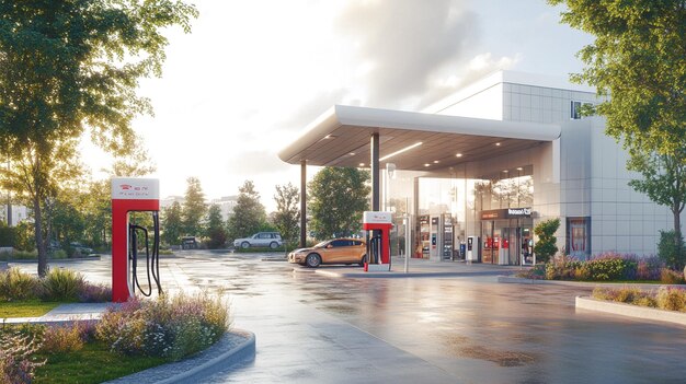 Photo modern gas station with fuel pumps and electric charging stations