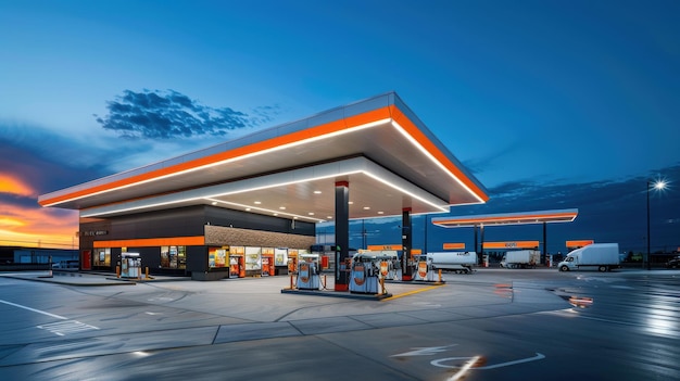 Modern Gas Station with Illuminated Canopy at Twilight