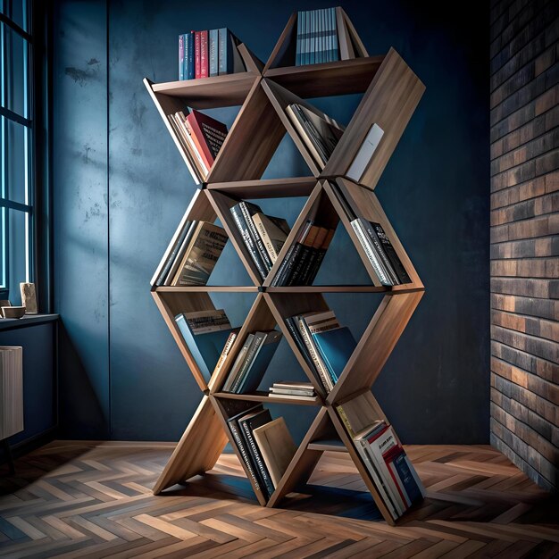 Photo modern geometric bookshelf with a unique honeycomb design perfect for showcasing books decor or other items