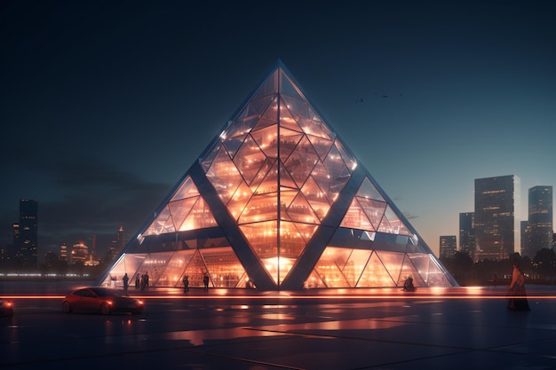 A modern geometric building illuminated by the sof 00375 00