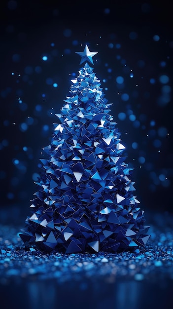 Photo modern geometric christmas tree with star in blue holiday lights