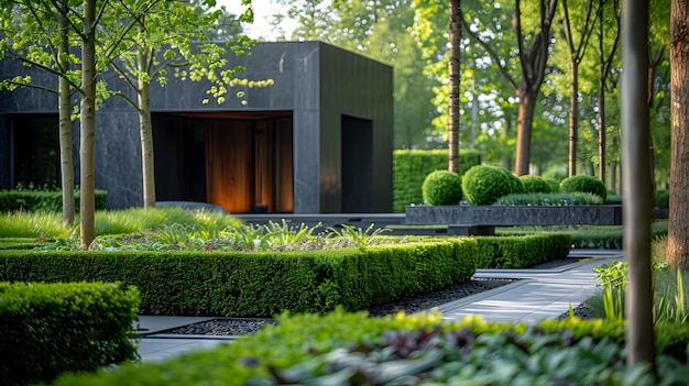 Modern Geometric Garden with Black House Exterior Professional Nature Photography