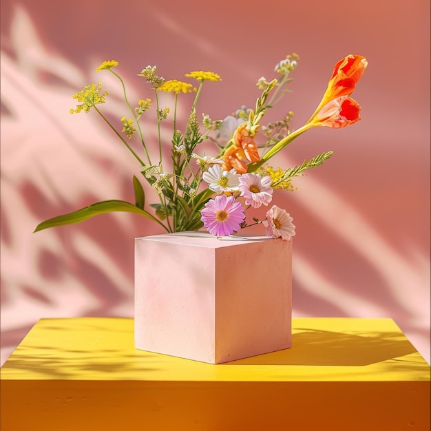 Modern Geometric Pink Vase with Colorful Flower Arrangement on Yellow Table