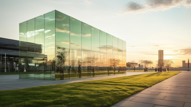 Modern Glass Building Exterior at Golden Hour