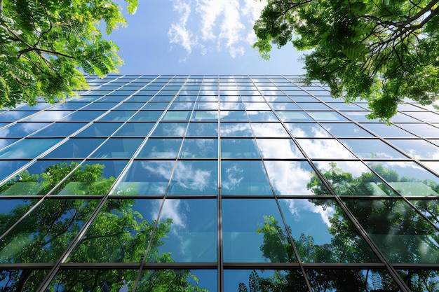 Modern glass building reflecting trees and sky