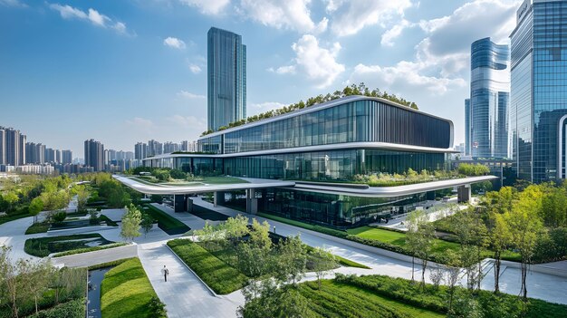 Modern Glass Building with Green Roof and Landscaping in Urban Setting