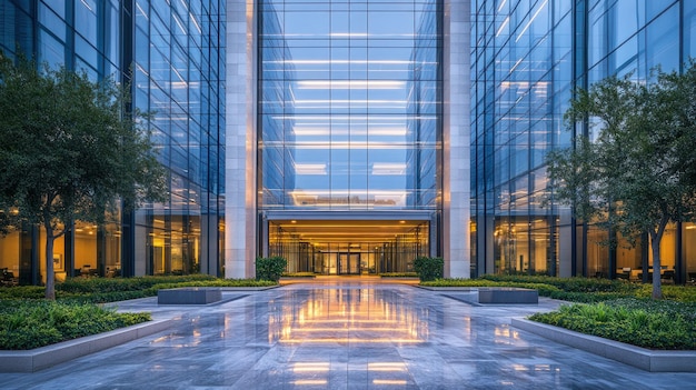 Modern Glass Building with a Wet Courtyard and Lush Greenery