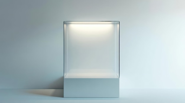 Modern glass display case illuminated in a minimalist setting showcasing empty space in a bright room