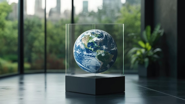 Photo a modern glass display case with planet earth floating inside showcasing the importance of protecting the planet for future generations