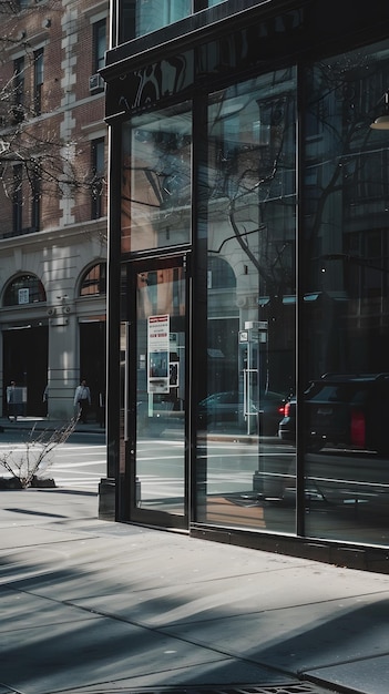 Photo modern glass facade of a building reflecting the cityscape