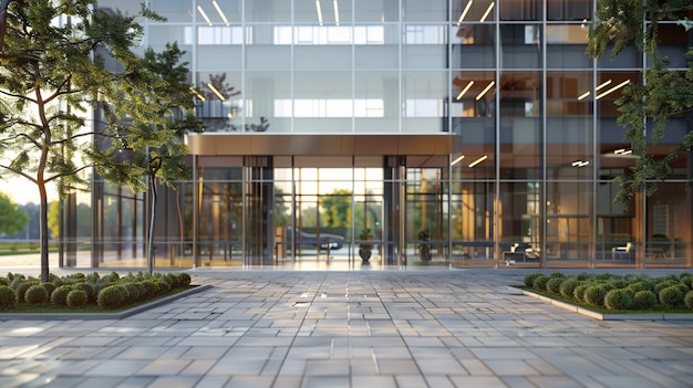 Modern Glass Facade Office Building Exterior with Trees in Front