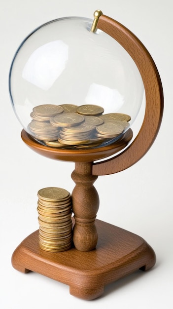 A modern glass globe filled with coins on a wooden support beside a stack of coins against a minimalist white background