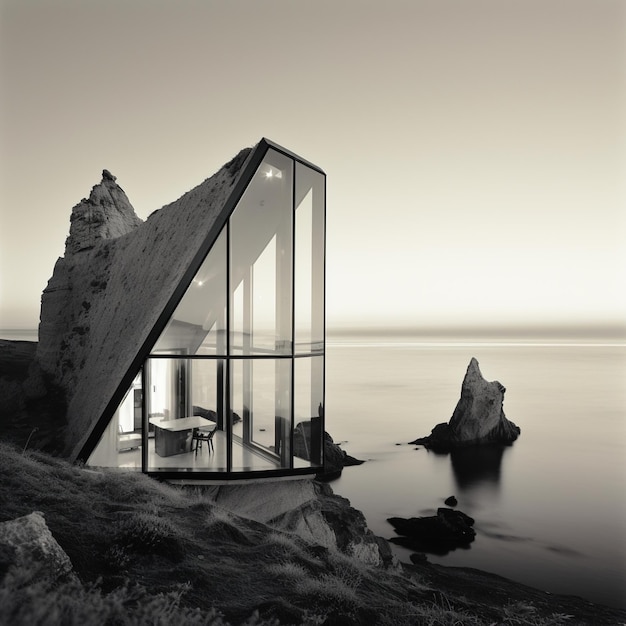 Modern glass house on the rocky coast