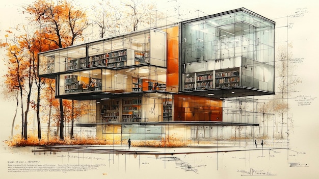 Modern Glass Library Building Architectural Design Illustration