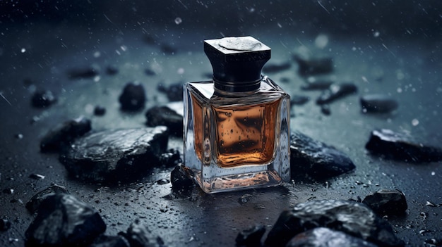 modern glass men perfume bottle among black rocks in