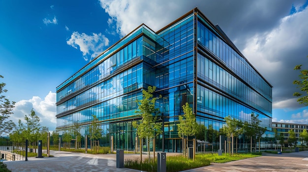 Modern glass office building exterior with green landscaping architecture business real estate