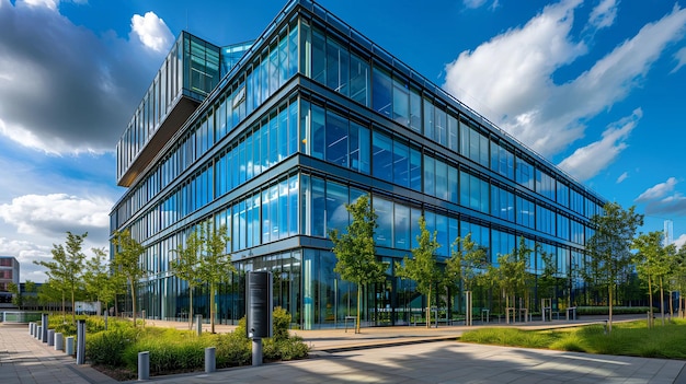 Modern glass office building exterior with green landscaping architecture business real estate