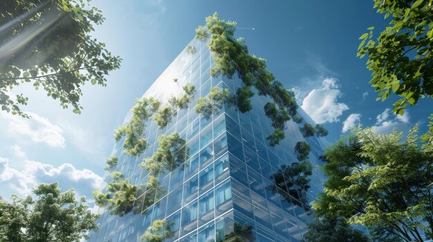 Photo modern glass office building towers over the urban landscape with a blue sky peeking through sustain