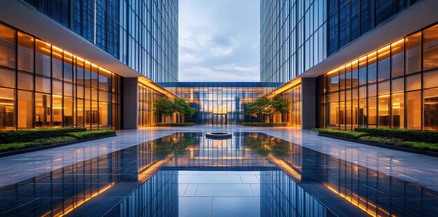 Modern Glass Office Building with Reflective Pool