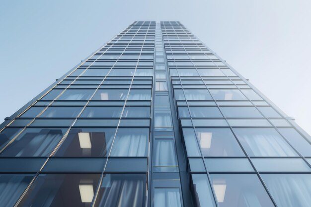 Modern glass skyscraper with a clock on its side suitable for business and time management concepts