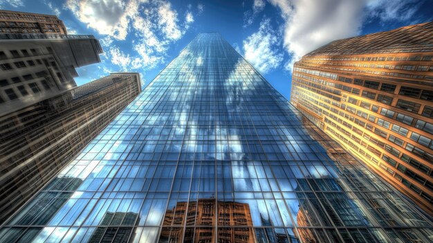 Photo modern glass skyscrapers with reflective surfaces against a blue sky with white clouds