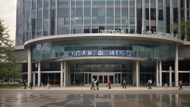 modern glass and steel building with a curved front containing the words General Motors above the