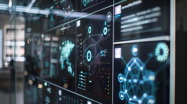 Photo modern glass wall display showing world map and business analytics in a data center