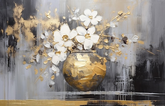 Modern gold painting abstract vase Plants flower in a vase gold element