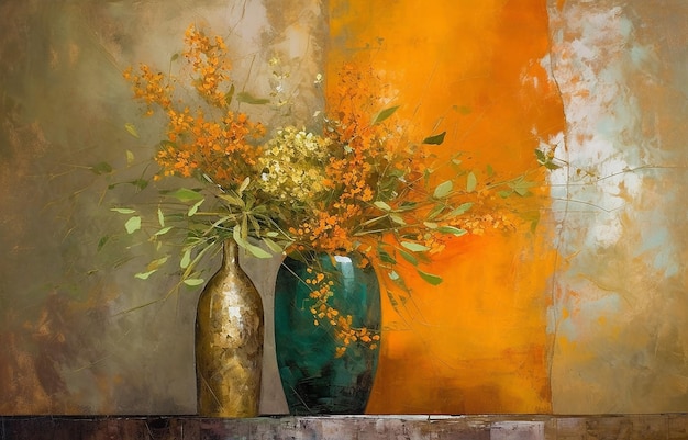 Modern gold painting abstract vase Plants flower in a vase gold element