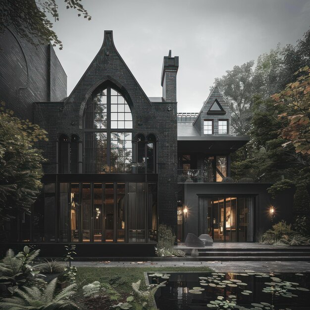 Photo modern gothic mansion with a pond