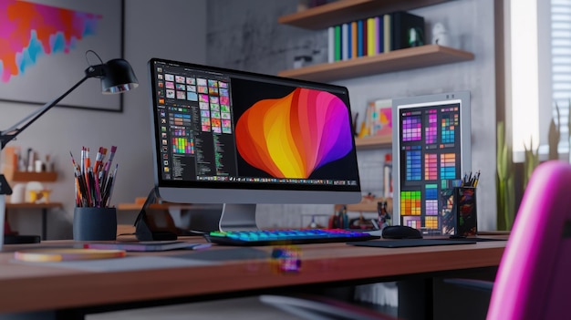 Photo modern graphic designer desk with computer displaying colorful digital art software creative design tools and color palette in an cozy office setting