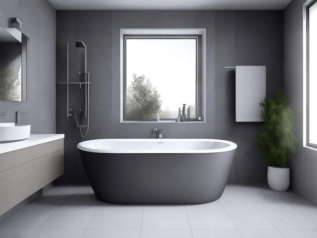 Modern gray bathroom with bathtub Generative AI Illustration