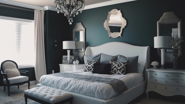 Modern gray bedroom in classic room with wall moldings parquet floor double bed with duvet