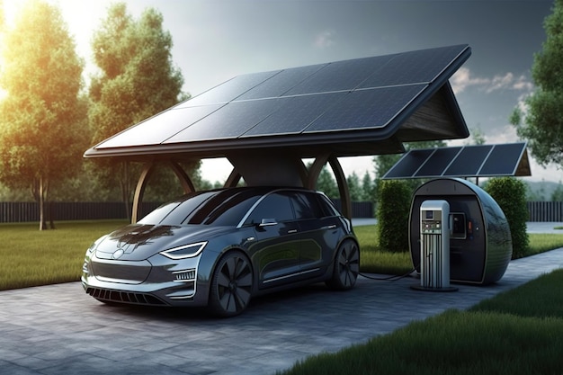 Modern gray electric car charging its battery with solar panels