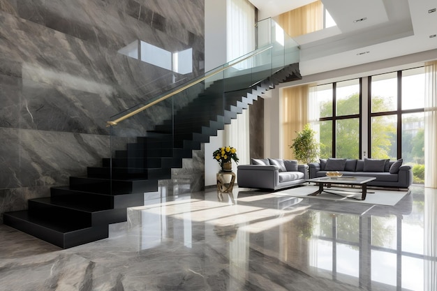 Modern Gray Marble Staircase with Glass Panel Ai Generative