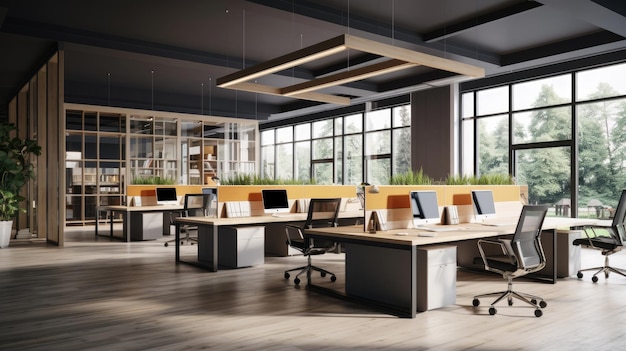 Modern gray open space office with wooden tables side view