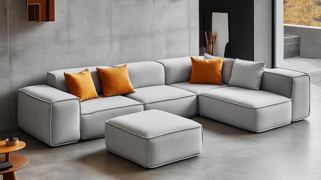 Photo modern gray sectional sofa with orange pillows in living room interior with concrete wall