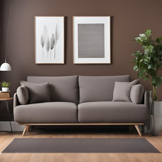 A Modern Gray Sofa in a Cozy Brown Living Room with Ample Copy Space for Text or Design Elements