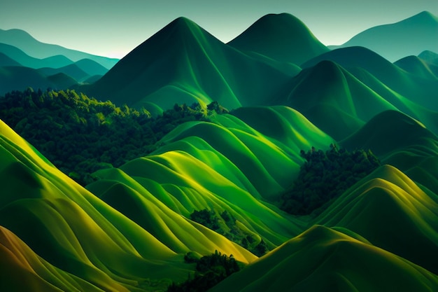 Modern green abstract mountain landscape as wallpaper background Generative AI