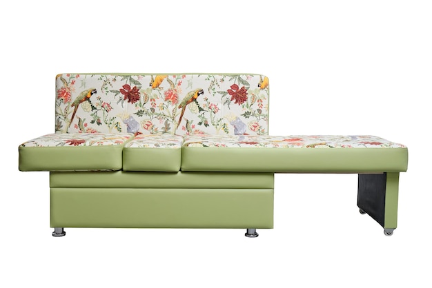 Modern green extended leather sofa with colorful print contemporary couch