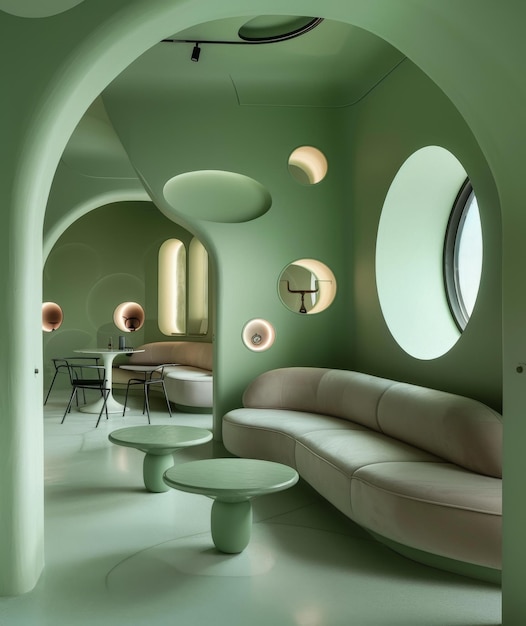 Photo modern green interior space with round windows and stylish furniture highlighting futuristic design