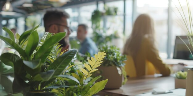 Photo modern green office workspace with plants and natural light