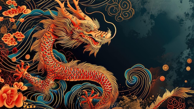 Modern greeting cards and backgrounds for Chinese New Year with dragon space for text