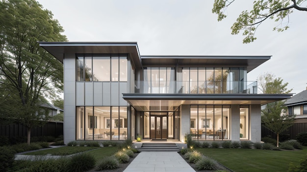 Modern Grey House with Large Windows and Balcony